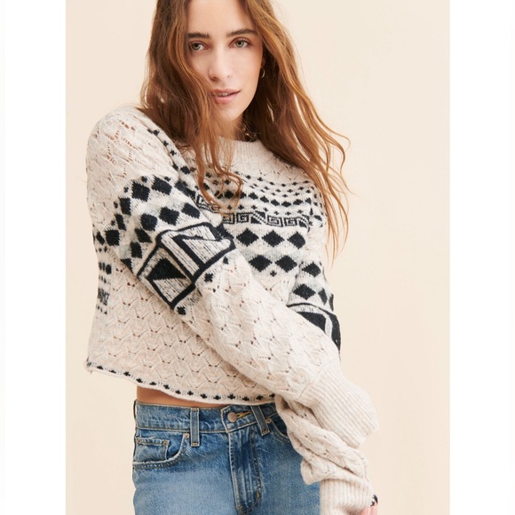 Free People Sweaters - FREE PEOPLE Harriet Pullover Knit Cropped Sweater Womens Medium Cream Black Wool